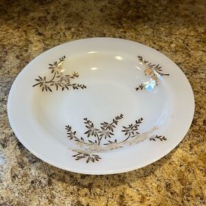 Elegant Vintage Federal Milk Glass White and Gold Accented Shallow Bowl 8”